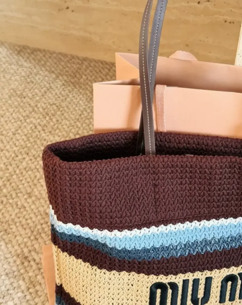 Miu Miu Brown Crochet Stripe Tote Bag